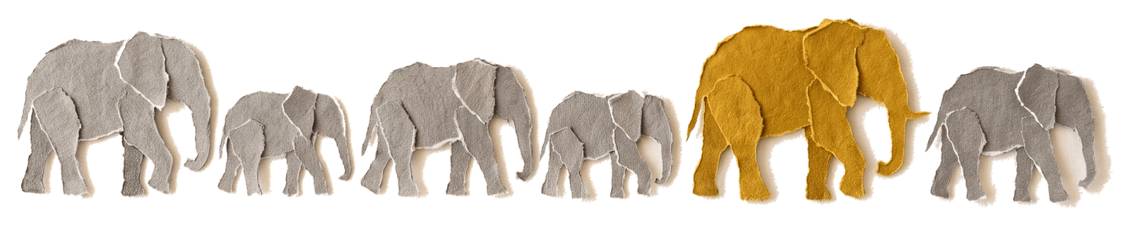 Un troupeau d'éléphants gris en papier découpé, et un seul éléphant jaune qui garde ses couleurs