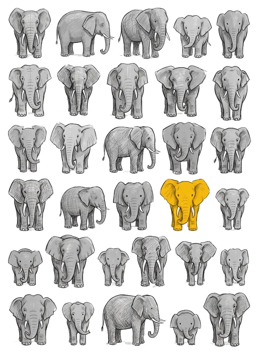 Un éléphant qui garde ses couleurs dans un troupeau gris
