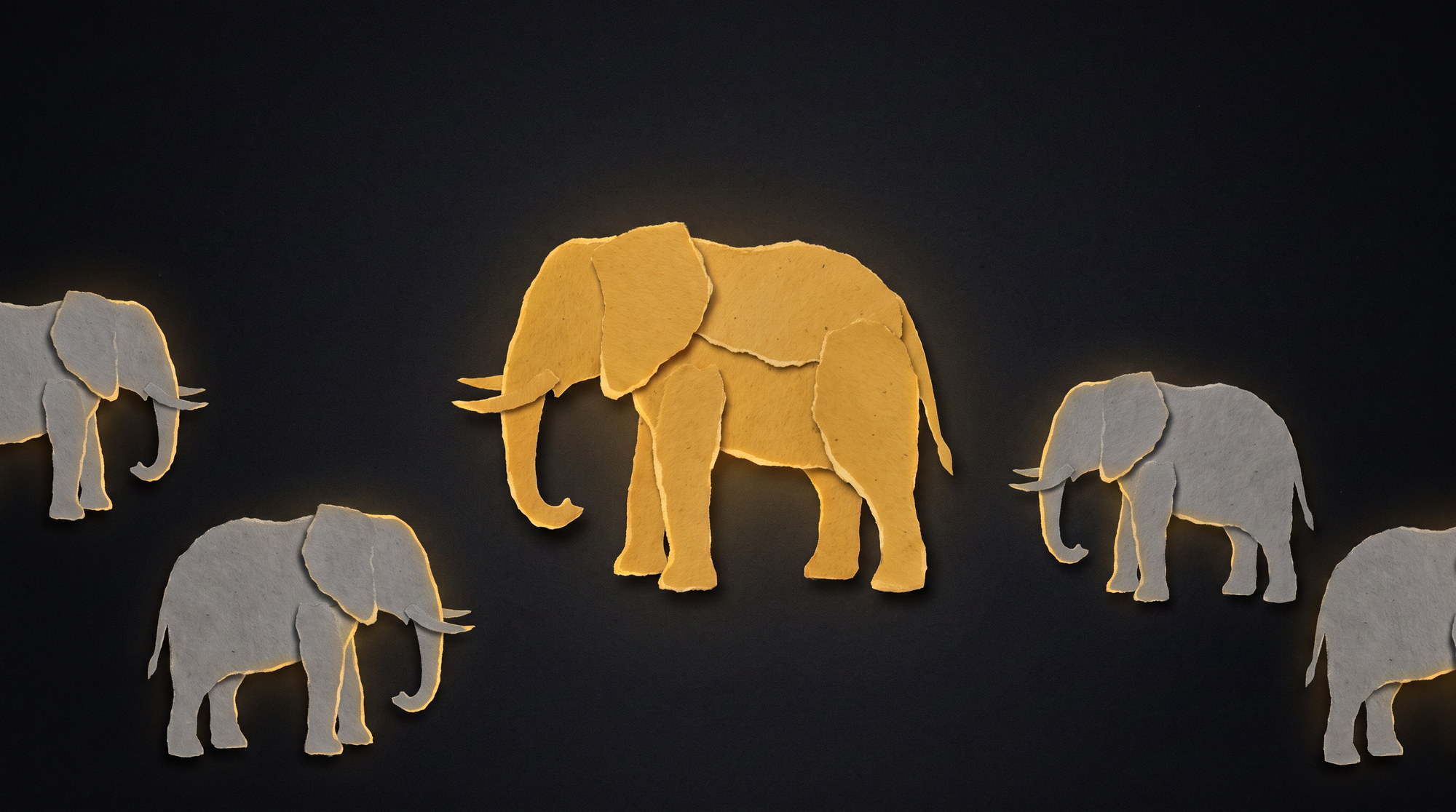 Un éléphant jaune en papier découpé au centre, entouré d'éléphants gris tournés vers lui, chacun accrochant un reflet doré sur ses bords, sur fond noir.
